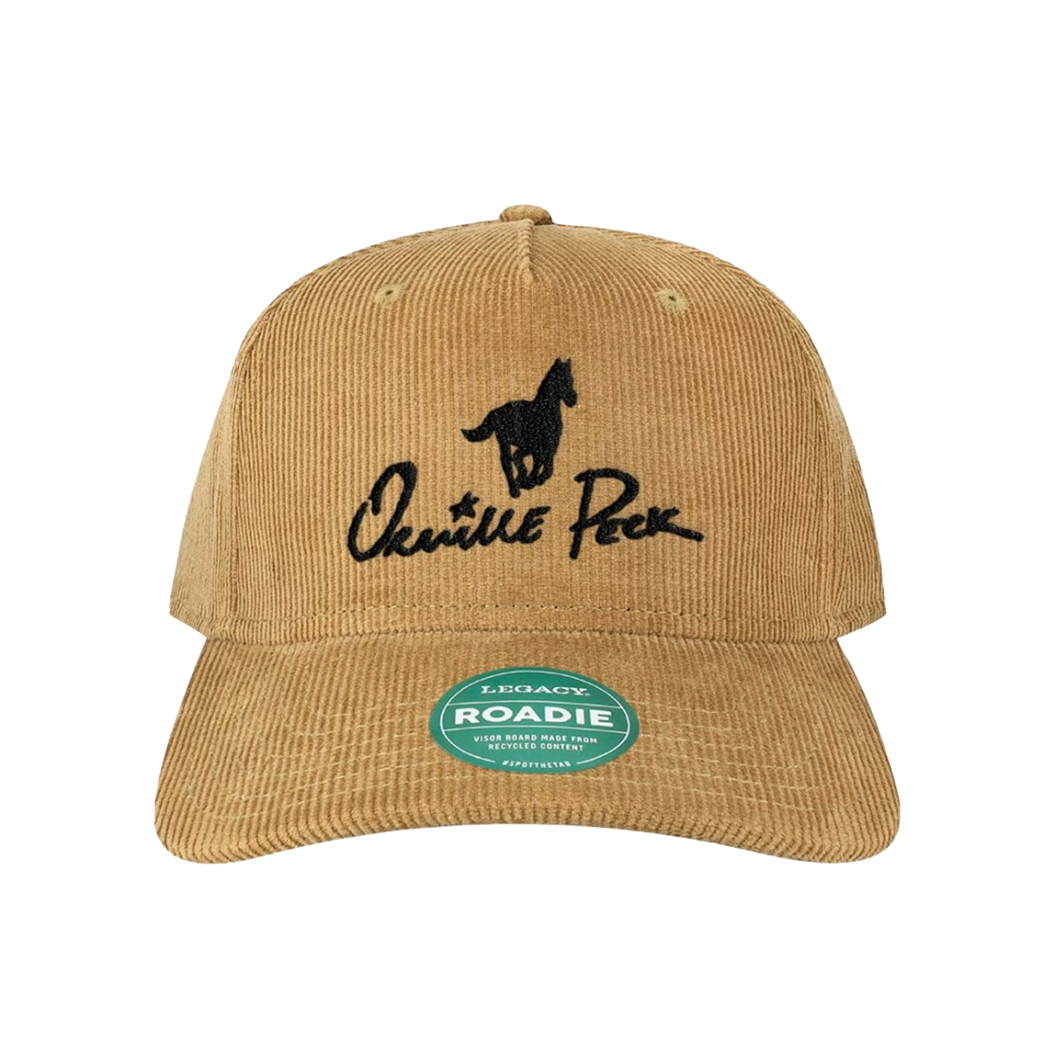 Tan corduroy baseball hat features Orville Peck text logo and horse graphic embroidered on front.