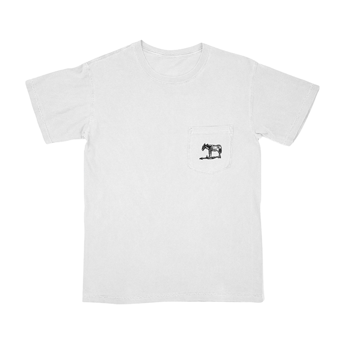 The front of a white short-sleeve t-shirt  with a pocket and a small mule sketch on it.  