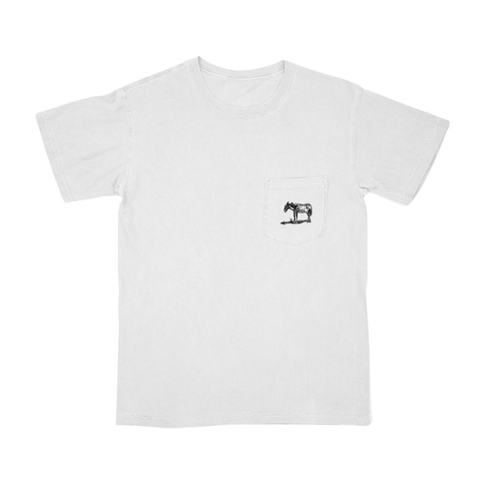 The front of a white short-sleeve t-shirt  with a pocket and a small mule sketch on it.  
